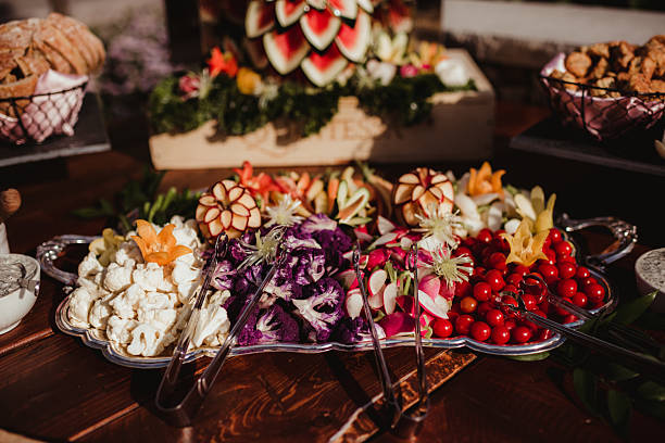 Fresh vegetables cut up on serving tray for party buffet table