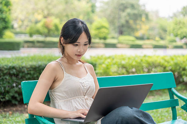 istock young pretty woman using laptop,sitting on bench in the park 2209985829