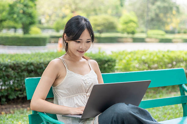 istock young pretty woman using laptop,sitting on bench in the park 2209989083