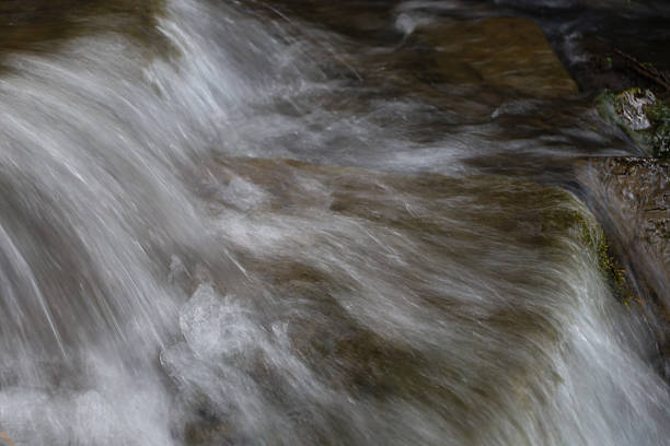 River water flows vigorously, gliding over rock surfaces. A refreshing, cool image.