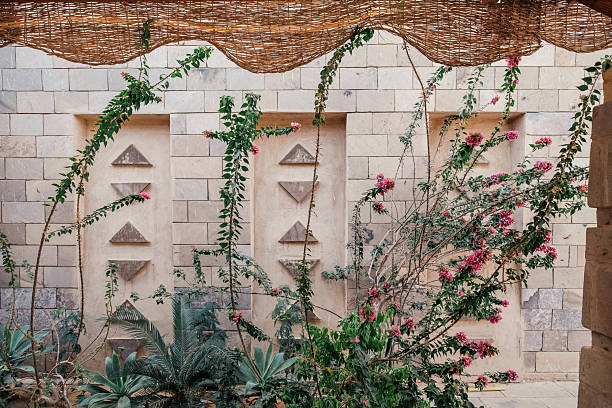Plants and flowers against patterned sandstone wall with wavy woven grass shade in Aswan, Egypt, Africa