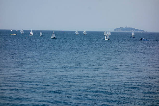 A distant view of the ocean from Hayama Marina under the scorching sun of midsummer in August
