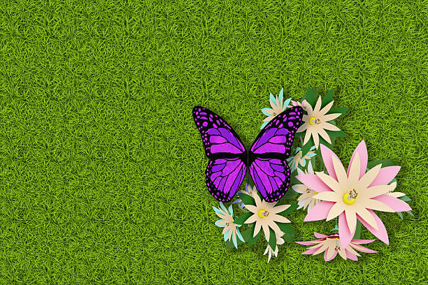 3D Illustration. Spring, summer. Flowers and butterflies on green grass texture. Grass field background with colorful flowers and butterflies.