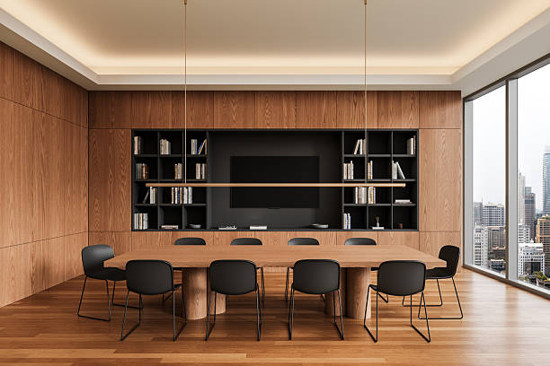 istock Modern conference room with wooden interior and city view. 3D Rendering 2210014914