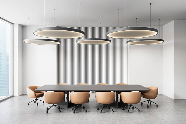 istock Modern conference room with large table and stylish beige chairs. 3D Rendering 2210015146
