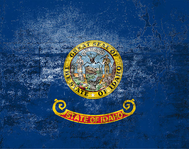 istock Idaho State Flag. Dirty Idaho state flag on the wall. 2210016600