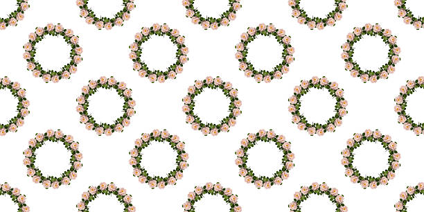 Seamless pattern of light pink rose flower wreaths on white background, perfect for wedding invitations, greeting cards, textile or wrapping paper