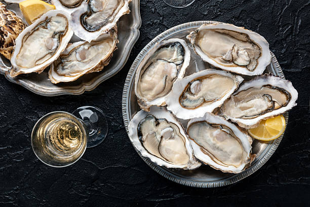 istock Fresh raw oysters on ice, overhead flat lay shot 2210023949