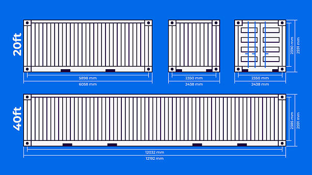 Cargo container set isolated. Box from different sides collection. Freight shipping container dimensions. 20ft and 40ft size. Realistic design. Flat style vector illustration. White color.