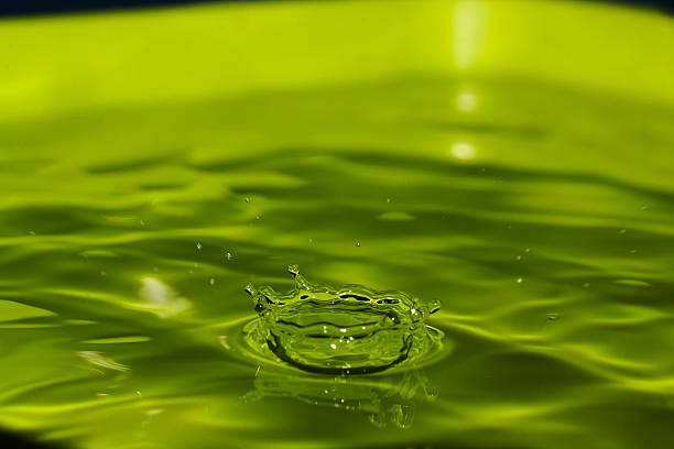 Splash drop of water with diverging water circles, on green background.