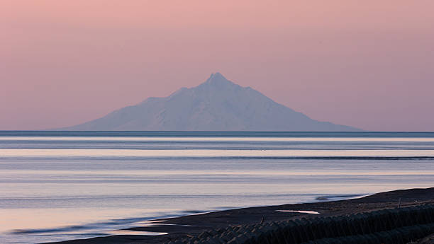 Beautiful Mt. Rishiri island rising up out of the sea at the top of Japan in North Hokkaido at dusk.
