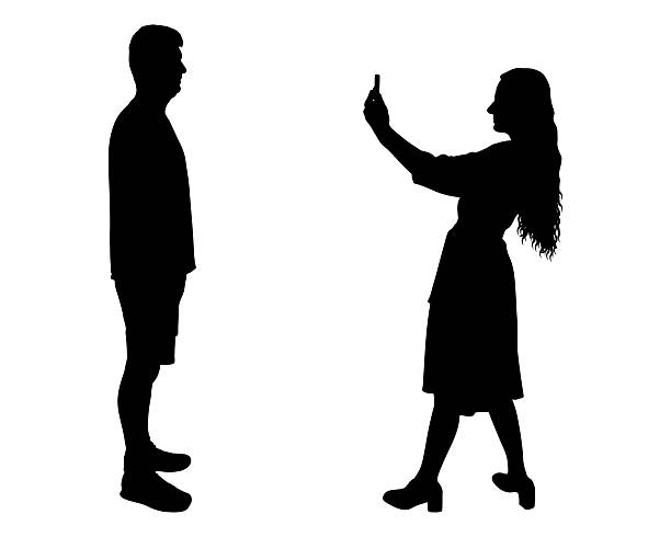 istock Woman takes a picture of man on phone, silhouette. Vector illustration. 2210032256