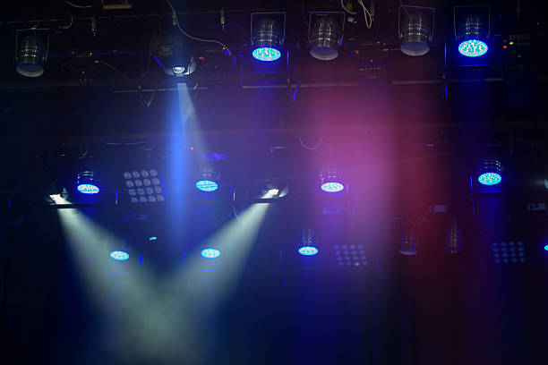 istock Stage lights with white and blue beams of light. 2210042477
