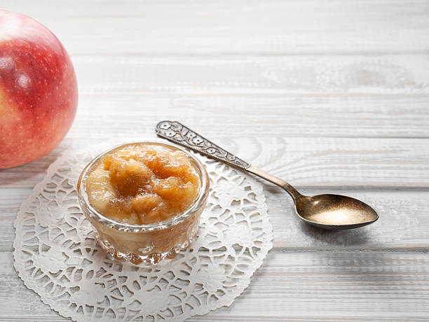 istock Small dish with apple jam and spoon on a white wooden table 2210045561