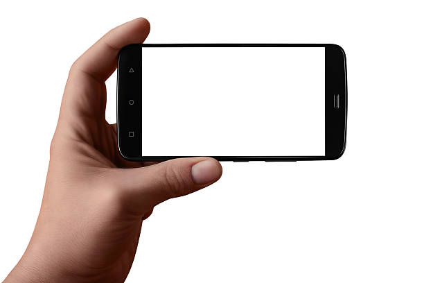 istock Men hand is holding a black smartphone with a blank white screen. Isolated on white 2210056165