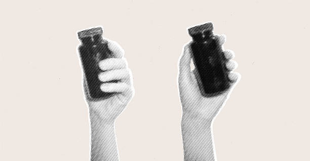 istock Two hands holding black bottles in halftone effect. Minimalist black and white graphic design for posters and print materials 2210063001