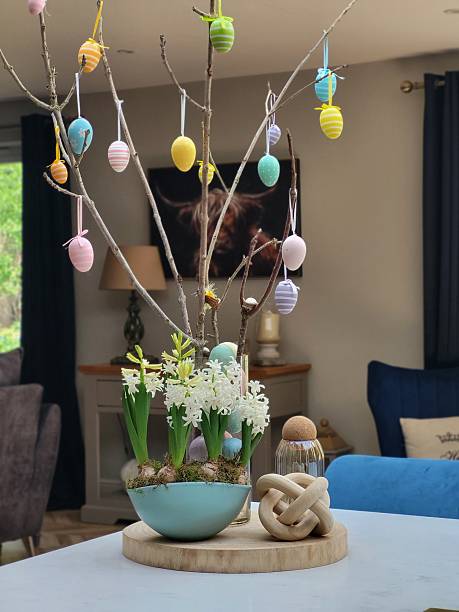 istock Vibrant Easter decoration display featuring pastel eggs and white hyacinth 2210065781