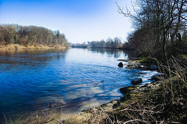 A body of water with trees in the background. Sky. Outdoor. Day