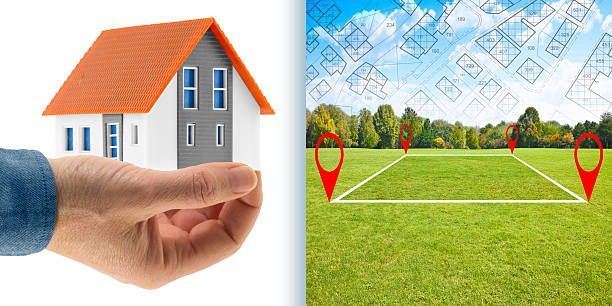 istock Land plot management - Real estate concept with a vacant land and cadastral parcel available for building activity and construction industry with residential home model 2210074102