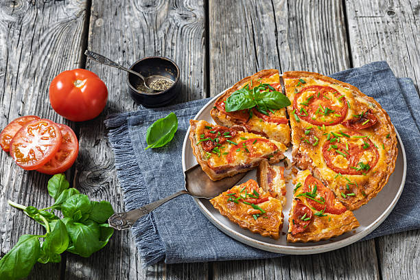 istock Freshly baked Italian Tomato Cheese Pie, top view 2210076215