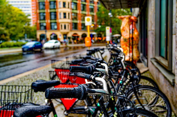 istock Rental bikes parked in a row on a sidewalk in Berlin. 2210082760