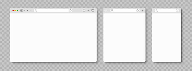 ilustrações de stock, clip art, desenhos animados e ícones de browser web window mockup, simple blank web page frame, search in internet, template browser window on laptop computer, tablet and smartphone - navegador web
