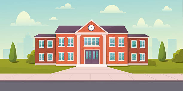 ilustraciones, imágenes clip art, dibujos animados e iconos de stock de vista frontal del edificio escolar de ladrillo rojo. ilustración vectorial - edificio escolar