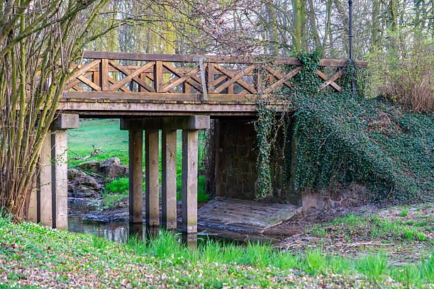 wooden bridge with a cross-pattern balustrade, placed on concrete supports above a small stream. The bridge is located in a green, wooded park, and one side of it is covered with ivy, which gives it a fairy-tale character