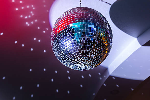 istock Colorful mirror disco ball at nightclub. Shiny sphere neon night light 2210090003