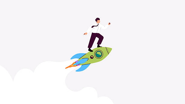 istock Rocket flying up. Success. Man in suit. Rocket ship with fire and smoke launch in the sky. Vector illustration. Cartoon flat style spaceship icon. Business, start up concept. Successful businessman. 2210090606