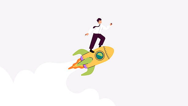 istock Rocket flying up. Success. Man in suit. Rocket ship with fire and smoke launch in the sky. Vector illustration. Cartoon flat style spaceship icon. Business, start up concept. Successful businessman. 2210090652