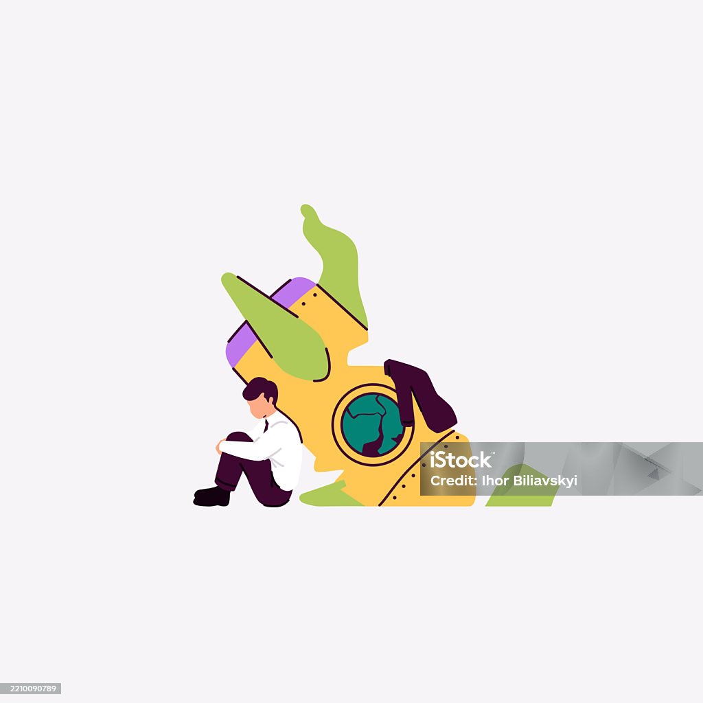 Sad Space Racket Cartoon Broken Crashed Rocket Sad Man In Suit Success And Failure Rocket Ship ...