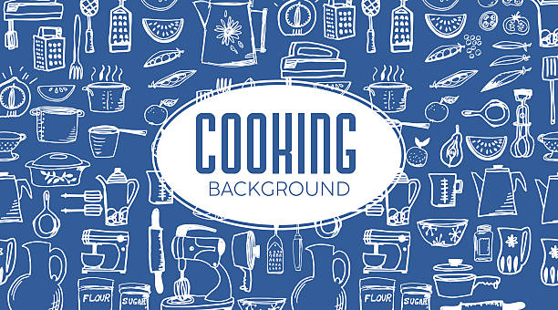 Retro Doodled Kitchen Objects Background Banner With Title. Expanded text is on its own layer. Comes with a high resolution jpeg.