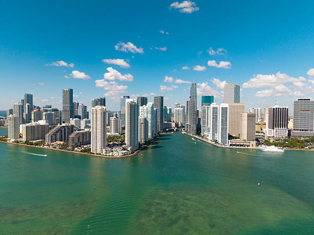 istock Panoramic modern architecture in Miami downtown, Florida. Miami skyline panoramic view. Aerial view of cityscape with skyscraper in Brickell Key, United States. Downtown Brickell Miami 2210101241