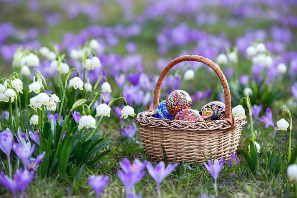 istock Spring flowers are crocuses and snowdrops. A wicker basket with Easter eggs stands on a lawn covered in purple and white flowers. Majestic nature wallpaper with forest flower. Flower spring. 2210104976
