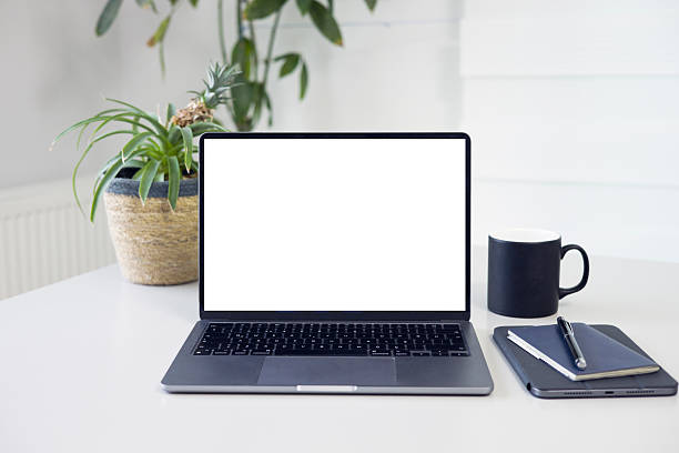 istock Business image, Blank screen computer and supplies. Workspace desk, books, laptop, coffee cup, plant and pen. Laptop mock up screen view. Work from home concept 2210106445