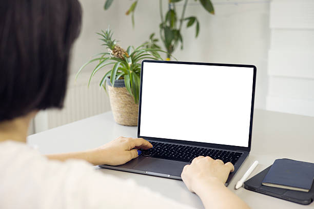 istock Young woman looking at laptop mock up white screen and using computer. Work from home concept. Over shoulder view. 2210106494