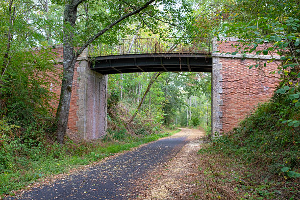 A brick and iron bridge on a disused railway, forming the current Camino de Santiago in South West France. Taken on a sunny summer day with no people.
