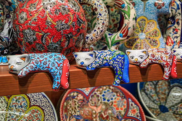 Stack of colorful Tunisian-style ceramic tableware.\nPlease note that these images were taken in 1998 and converted from negatives.