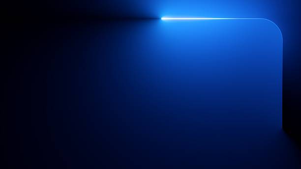 istock Abstract minimalist linear neon frame with rounded corners against the blue background. Bright light leaves glowing trail. 3d rendering 2210122608