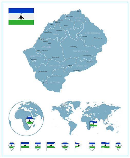 illustrations, cliparts, dessins animés et icônes de lesotho - carte détaillée avec les régions et les villes. ensemble de drapeaux, globe, contour du pays, emplacement du pays sur la carte du monde. - lesotho
