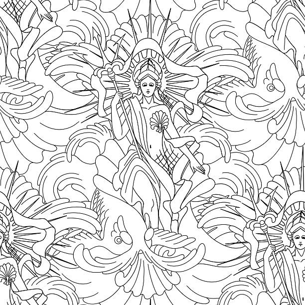 Graphic Amphitrite, the Greek sea Goddess Amphitrite, the Greek sea Goddess seated on her ocean throne. Vector marine seamless pattern. Coloring book page design for adults and kids greek god poseidon backgrounds stock illustrations