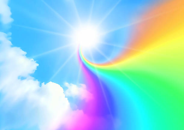 3d illustration of abstract rainbow and sun in blue sky in fantasy landscape
