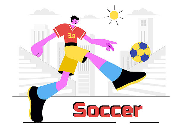 istock Soccer Vector Illustration Featuring a Man Kicking a Soccer Ball on a Green Field for a Football League and Sports Match in a Flat Cartoon Background 2210141692