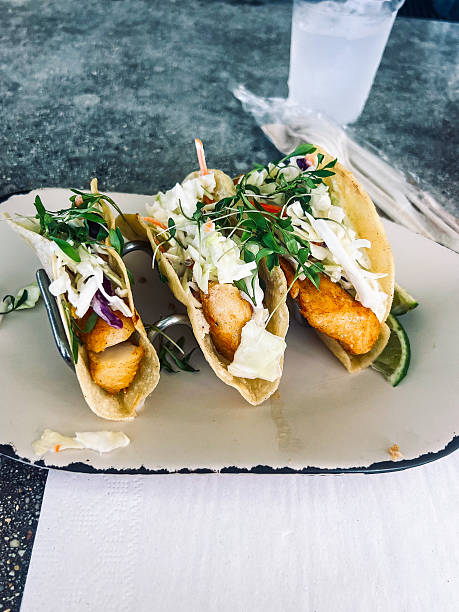 istock Fresh Fish Tacos with Slaw and Lime on a Rustic Plate 2210144001