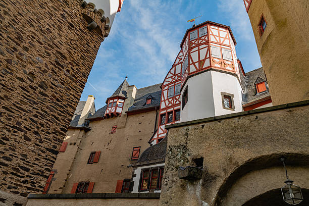 View of Eltz Castle's courtyard with large towers and red-framed windows under a bright blue sky.
