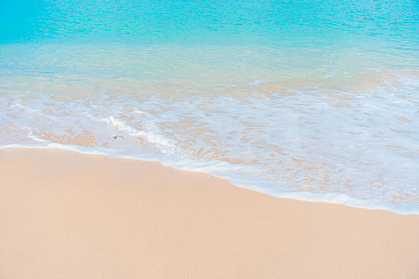 Turquoise ocean and white sand beach create a calm summer background perfect for holiday themes.
