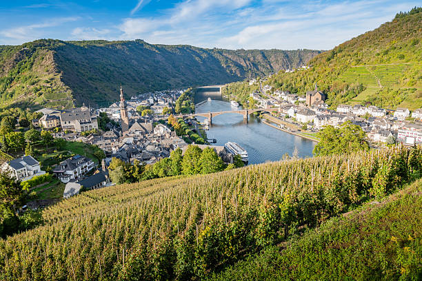 A stunning view of the Moselle River with Cochem’s town center visible in the distance, nestled between green hills and vineyards.