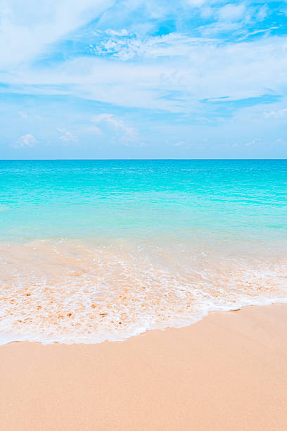 istock Turquoise ocean waves and white sand beach on a sunny day. Summer vacation background concept. 2210150657