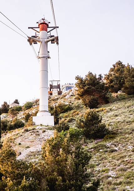 istock Cable car pylon stands tall on a grassy slope with trees, set against a clear sky 2210153376